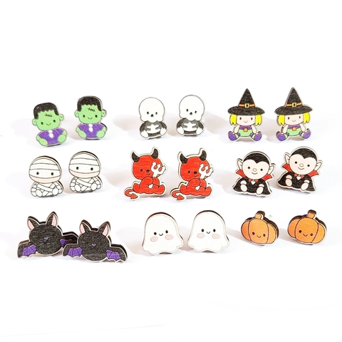 Halloween Cartoon Printed Wooden Stud Earrings Pumpkin Ghost Bat Vampire Witch Party Jewelry For Women Girls