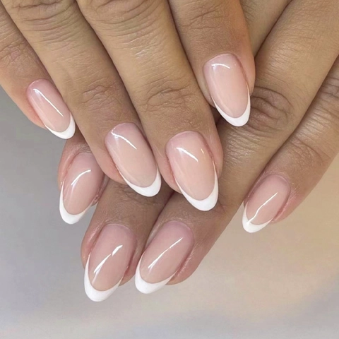 Französische Spitze Press On Nägel Weiß Nude Pink Glänzend Oval Kurz Künstliche Maniküre Falsche Fingernägel Für Frauen