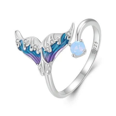 925 Sterling Silver Mermaid Tail Open Ring For Women Dreamy Ocean Style Zirconia Gradient Enamel Synthetic Opal Finger Ring