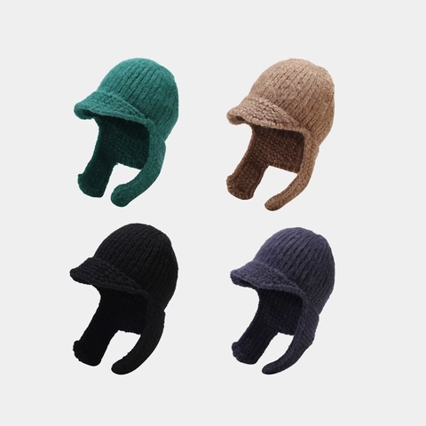 Bonnet Tricoté Avec Cache-oreilles Bord Court Hiver Chaud Grosse Maille Acrylique Couleur Unie Style Trappeur Femmes