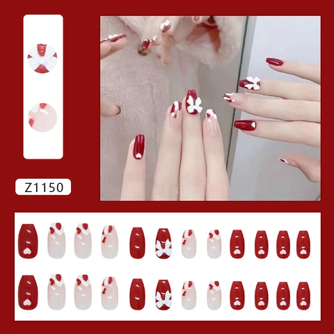 Uñas Postizas Forma Ataúd Con Lazo 3D Y Patrón De Corazón Rojo Blanco ABS Para Mujeres Manicura DIY