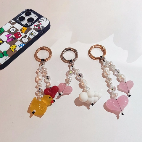 Cute Heart Beaded Keychain Acrylic Cartoon Duck Cloud Phone Strap Dopamine Style Bag Pendant For Women Girls Gift