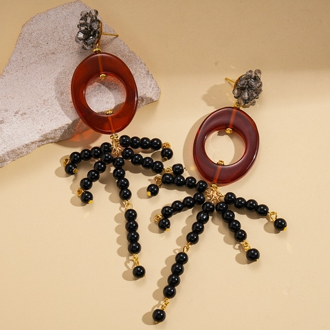 Vintage Long Tassel Dangle Earrings With Resin Oval Ring Crystal Cluster Beads And Silver Earring Post For Women