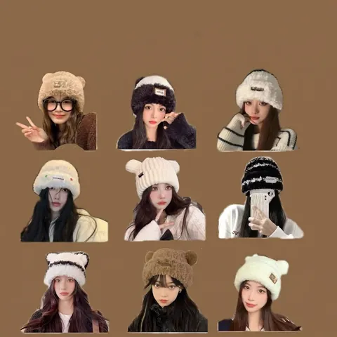 Cute Bear Ears Winter Knitted Beanie Hat For Women Thick Plush Thermal Windproof Warm Balaclava Scarf One Piece Hooded Hat
