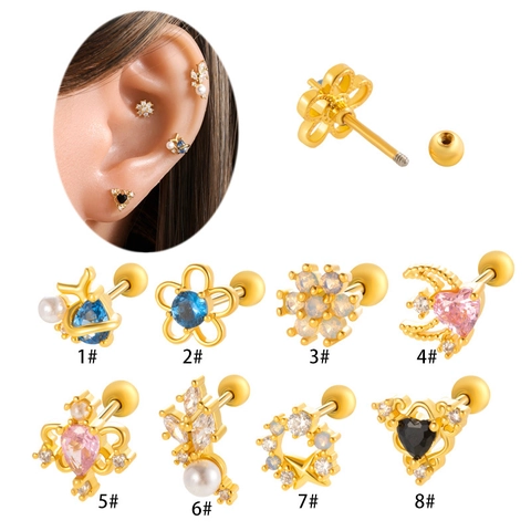 Titanium Stainless Steel Cartilage Ear Studs Screw Back Helix Piercing Zirconia Opal Faux Artificial Pearl Flower Moon Heart Star