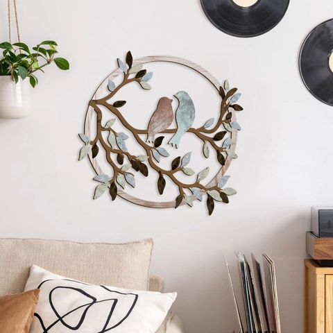 Chickadees Flowers Wreath Round Wood Wall Art Rustic Country Home Decor Hanging Door Sign Plaque