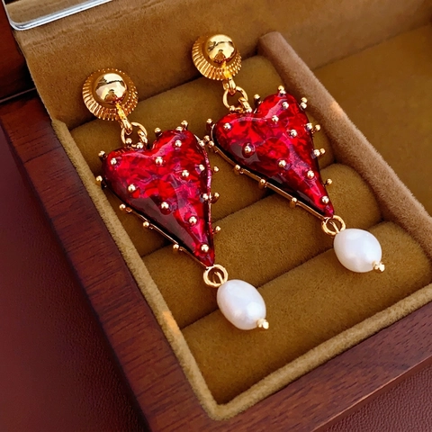 Pendientes Colgantes De Corazón Rojo Vintage Con Aleación Resina Perla Artificial Y Poste De Plata Joyas Retro Para Mujeres