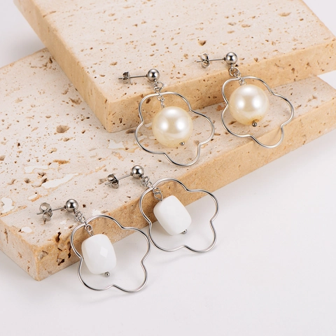 Pendientes Colgantes De Acero Inoxidable Con Flor Hueca Irregular Con Perla Artificial Y Piedra Joyería De Moda Para Mujeres