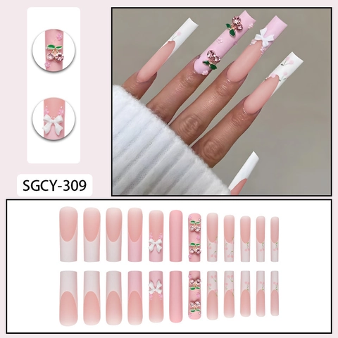 Long Coffin Press On Nails French Pink White With Cherry Rhinestones And White Bow Sweet Floral Artificial False Fingernails