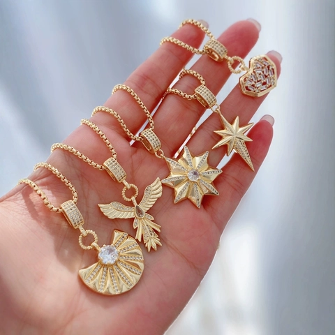 Oktogonaler Stern Herz Fächer Anhänger Halskette Kupfer Vergoldet Funkelnde Zirkonia Eleganter Schmuck Für Damen