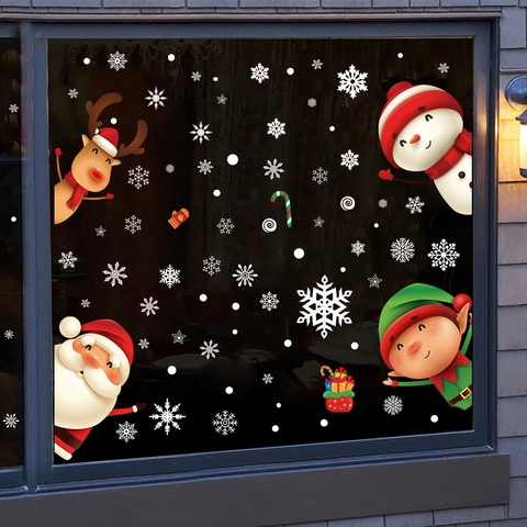 Christmas Window Stickers Static Cling PVC Reusable Reindeer Santa Claus Snowflake Decals Glass Door Home Shop Decoration