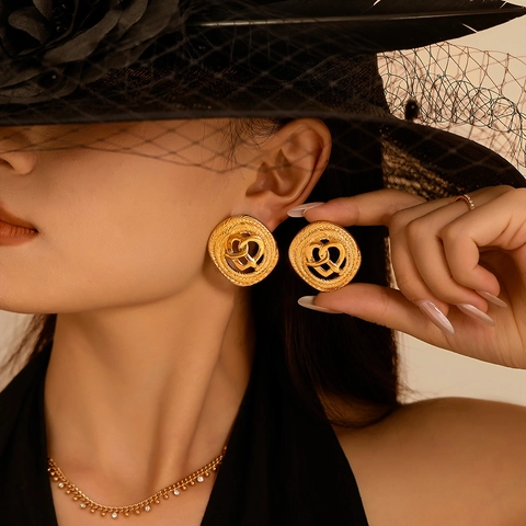 Orecchini Tondi Con Nodo A Cuore Texture Vintage Acciaio Inossidabile Gioielli Boutique Geometrici Retro Francesi Donna