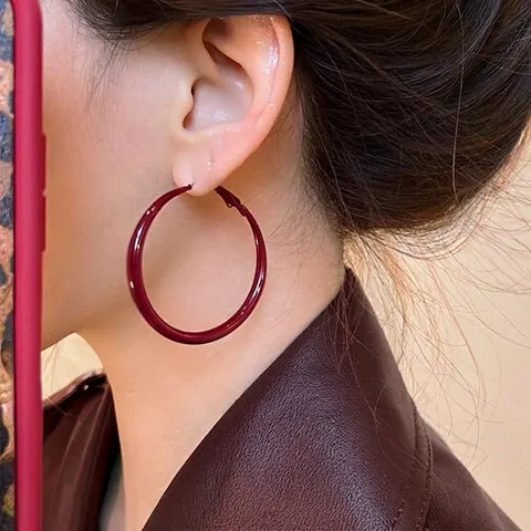 Red Geometric Hoop Earrings For Women With 925 Sterling Silver Earring Post Copper Vintage C Shaped Fashion Jewelry