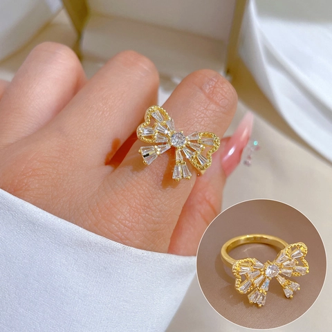 Butterfly Zircon Ring Gold Plated Brass Adjustable Open Finger Jewelry Light Luxury Simple Style For Women