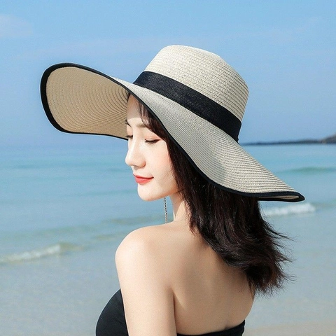 Women Wide Brim Paper Straw Hat Foldable Sun Protection Beach Hat With Black Bowknot Ribbon Summer Vacation Headwear