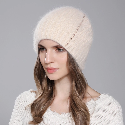 Bonnet En Tricot Poil De Lapin Angora Cachemire Pour Femmes Orné Künstliche Perles Strass Doux Chaud Hiver Côte Beanie