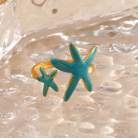 Seestern Ring 18K Vergoldet Edelstahl Blau Emaille Verstellbar Offen Meer Ozean Stil Für Damen
