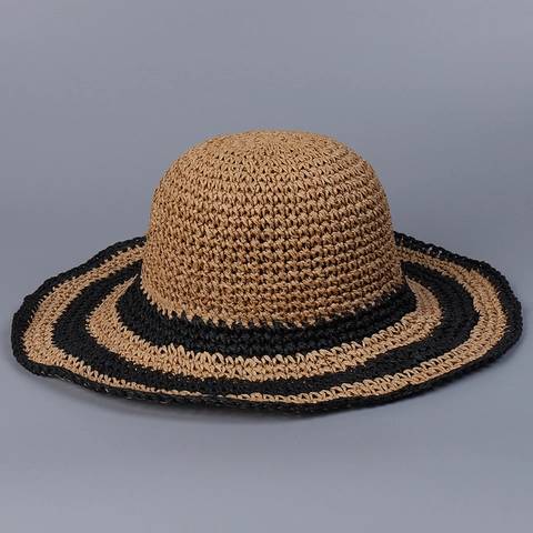 Chapeau De Soleil En Paille Femme Tissé À La Main Large Bord Pliable Respirant Rayé Papier Plage Vacances Été Fil