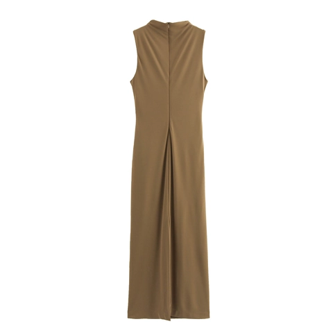 Dames Mouwloze Maxi Jurk Polyester Geplooid Opstaande Kraag Sexy Bodycon Hoge Taille Slank Elegant Avondfeest