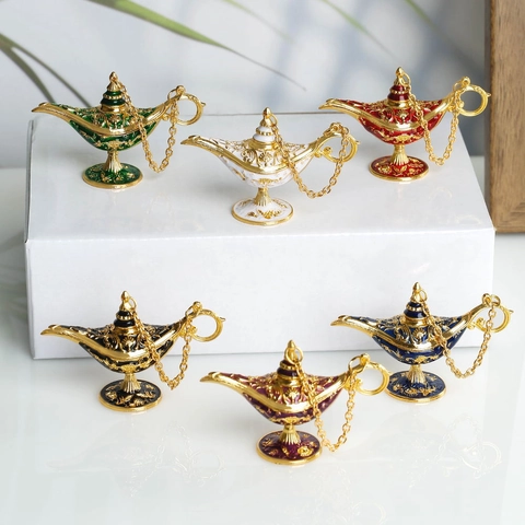 Aladdin Lamp Wishing Pot Vintage Zinc Alloy Enamel Carved Metal Decorative Desktop Ornament Home Decor