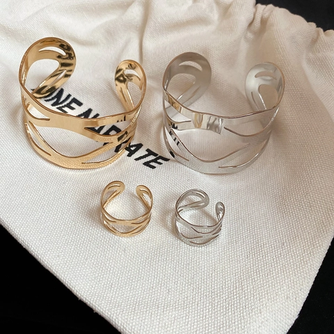 Bracciale E Anello Geometrici Cavi Metallo Lega Regolabile Aperto Stile Moderno Elegante Minimalista Gioielli Donne