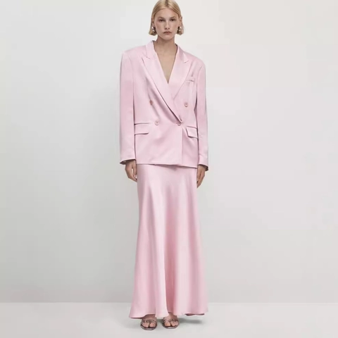 Damen Rosa Satin Zweireiher Blazer Und Eleganter A-Linien-Maxirock Büro Dame Pendeln