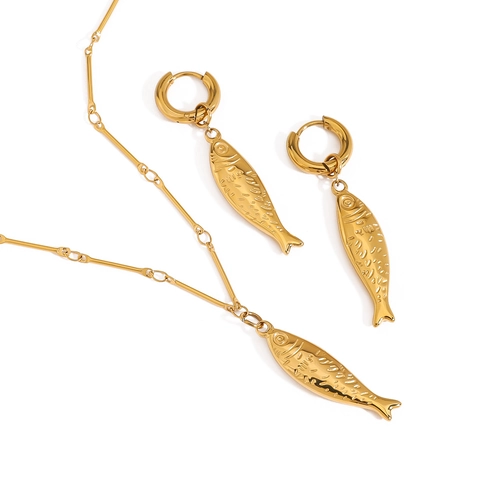 Set Gioielli Ciondolo Pesce Placcato Oro 18K Acciaio Inossidabile Impermeabile Ipoallergenico Collana Orecchini Accessorio Moda