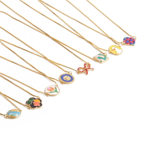 Women Pendant Necklace Copper Gold Plated Enamel Colorful Flower Animal Geometric Box Chain Fashion Jewelry