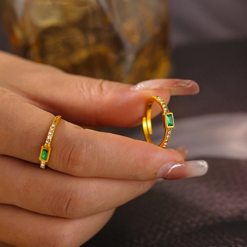 Adjustable Open Ring Titanium Steel 18K Gold Plated Rectangular Glass Stone Zircon Geometric Fashion Jewelry For Women