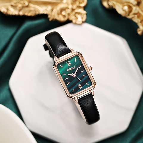 Vintage Women Rectangular Quartz Watch Alloy Case Green Marble Dial PU Leather Strap Fashion Elegant Ladies Wristwatch