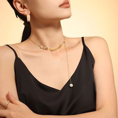 Y Shaped Pendant Necklace Titanium Steel 18K Gold Plated Elegant Wheat Ear Leaf Design Faux Artificial Pearl Dangle For Women