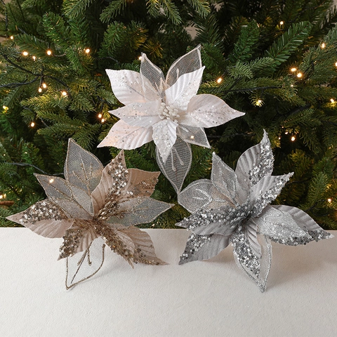 Artificial Christmas Poinsettia Flowers Sequin Mesh Glitter Xmas Tree Ornaments Holiday Party Decoration