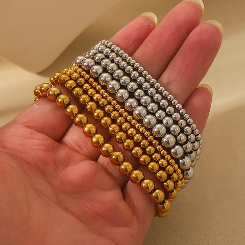 Minimalist Round Bead Bracelet Stainless Steel 18K Gold Plated Waterproof Tarnish Resistant Elastic Stretchable Elegant Jewelry