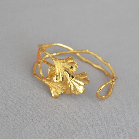 Französisch Vintage Gebürstetes Ginkgoblatt Offener Armreif Messing 18K Vergoldet Verstellbarer Zweig Schmuck Damen