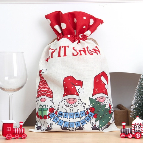 Christmas Drawstring Gift Bags Linen Burlap Holiday Candy Bags For Party Favor Large Sack Gnome Bicycle Reindeer Patterns