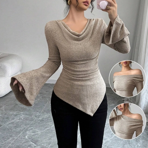 Damen Rippstrick Oberteil Wasserfallausschnitt Ausgestellte Lange Ärmel Asymmetrischer Saum Sexy Schulterfrei Einfarbig