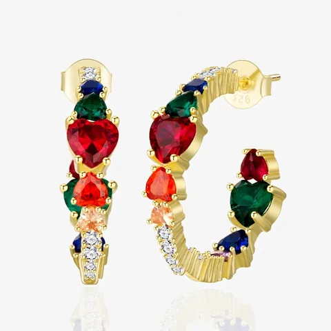 925 Sterling Silver Colorful Heart Zirconia Hoop Earrings For Women Luxury C Shaped Multi Color Inlaid Jewelry Party Gift