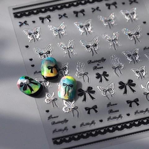 Holographische Silber Schmetterling Und Schleifen Nagel Aufkleber Selbstklebend Geprägte Spitze Designs Maniküre DIY Decals