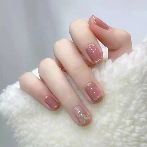 Press On Nails Pink Transparent ABS Silver Glitter Gradient French Style Short Squoval Fake Nails For Women Girls