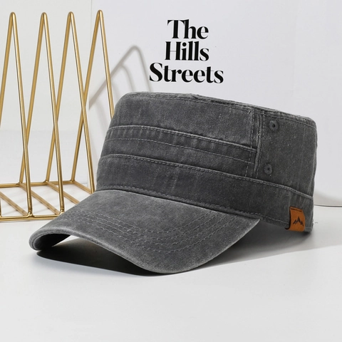 Vintage Washed Cotton Cadet Cap For Men Flat Top Military Style Hat Distressed Adjustable Outdoor Sport Baseball Cap