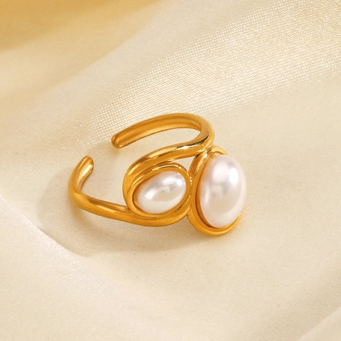 Elegante Anello Aperto Con Doppia Perla Artificial Acciaio Inossidabile Placcato Oro Regolabile Minimalista Retro Gioielli Per Donna