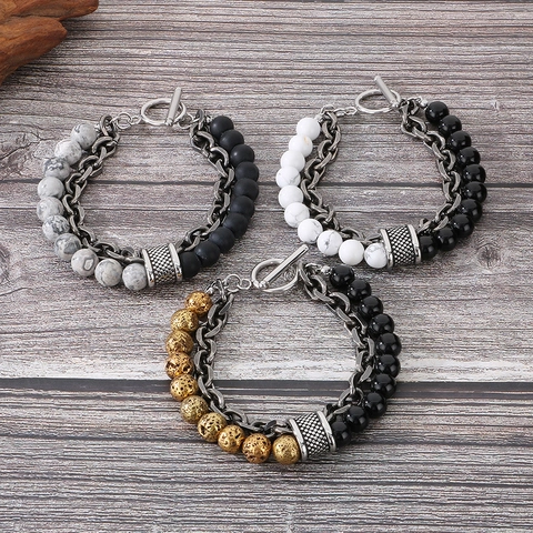 Bracelet Homme Perles En Pierre Oeil De Tigre Agate Naturelle Chaîne Acier Inoxydable Double Couche Punk Rétro Fermoir
