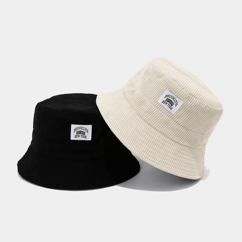 Vintage Corduroy Bucket Hat With Brooklyn Patch Casual Retro Sunshade Fisherman Cap For Men Women Solid Color Streetwear