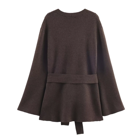 Women Knitted Cardigan Coat Polyester V-Neck Long Sleeve Belted Solid Color Coffee Brown Elegant Casual