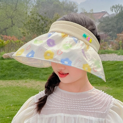Kids Sun Visor Hat Large Brim Breathable Polyester Cartoon Rabbit Floral Print Summer For Girls Outdoor Protection