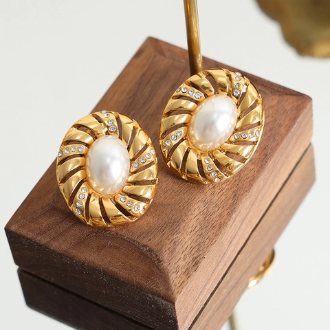 Orecchini a Bottone in Acciaio Inossidabile Vintage Francese Spirale Cava Per Donna Perla Artificiale Strass Gioielli Geometrici