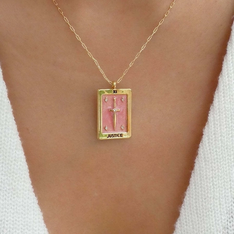 Collana Con Pendente Quadrato Carta Dei Tarocchi Retrò In Rame Placcato Oro E Smalto Gioielli Vintage Per Donne