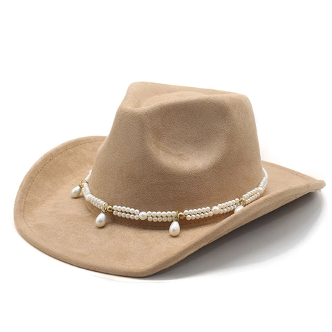 Sombrero De Vaquero Occidental Ala Ancha Ante Fieltro Con Cadena De Perlas Artificiales De Doble Capa Y Colgantes De Perlas Artificiales