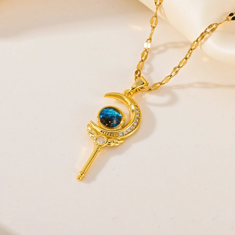 Planeet Galaxy Hanger Ketting Titanium Staal Goud Verguld Hemelse Maan Ster Blauwe Steen Cubic Zirconia Voor Dames