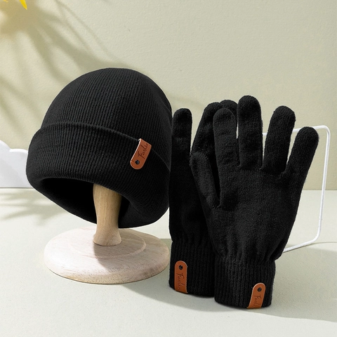 Conjunto de Gorro y Guantes de Punto de Acrílico Unisex Y2K Cálido de Invierno Color Sólido con Parche de Cuero Conjunto de Gorro y Guantes